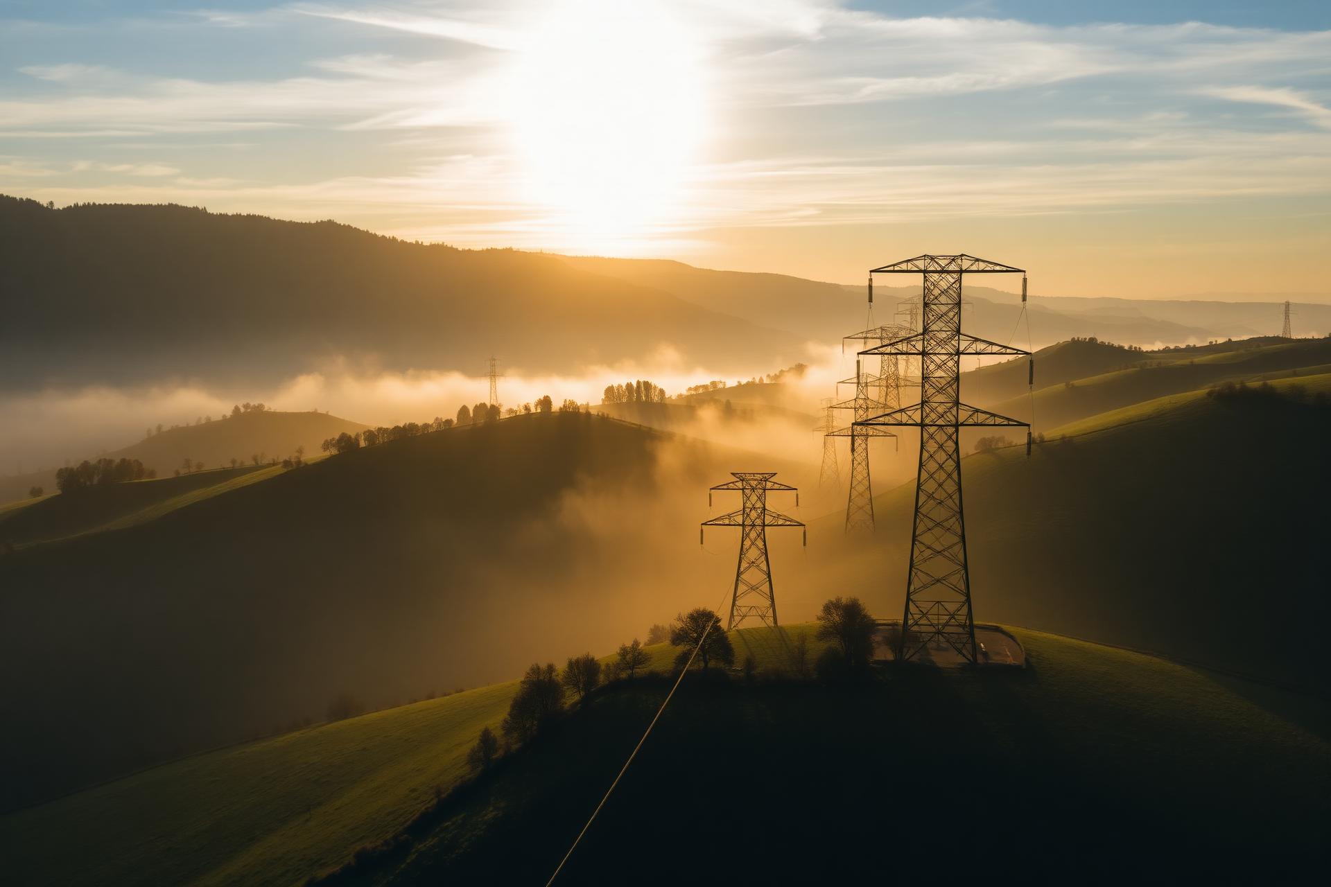 Tecnici Prometeo al lavoro su tralicci elettrici al tramonto