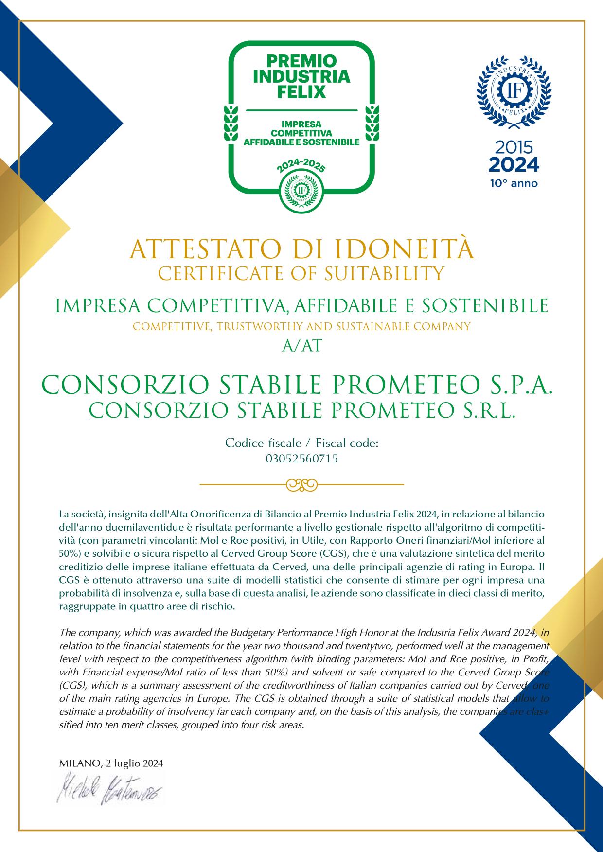 Attestato Premio Industria Felix 2024 — Consorzio Stabile Prometeo